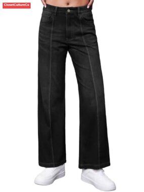 Wide Leg High Waist Stretchy Straight Leg Jeans 5-Pocket Front Seam